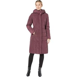Cole Haan Women’s Knee Length Hooded Quilted Down Coat(Merlot)