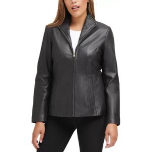 Cole Haan Women’s Leather Wing Collared Jacket (Standard and Plus Size)(True Black)