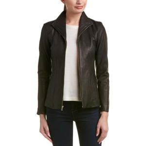 Cole Haan Women’s Leather Wing Collared Jacket(Black)
