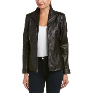 Cole Haan Women’s Leather Wing Collared Jacket(Dark Black)