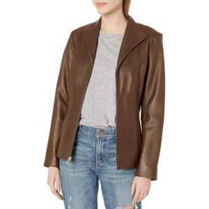Cole Haan Women’s Leather Wing Collared Jacket(Hickory)