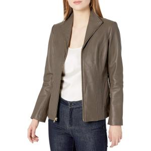 Cole Haan Women’s Leather Wing Collared Jacket(Stone)