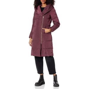 Cole Haan Women’s Long Size Zip Hooded Quilted Down Coat(Merlot)