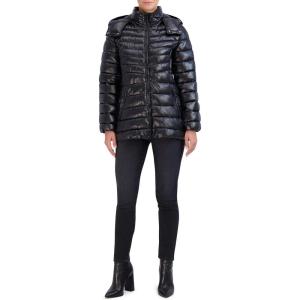 Cole Haan Women’s Pearlized Faux Down Jacket with Removable Hood(Black)