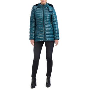 Cole Haan Women’s Pearlized Faux Down Jacket with Removable Hood(Emerald)