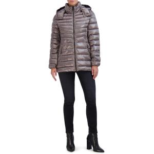 Cole Haan Women’s Pearlized Faux Down Jacket with Removable Hood(Gunmetal)