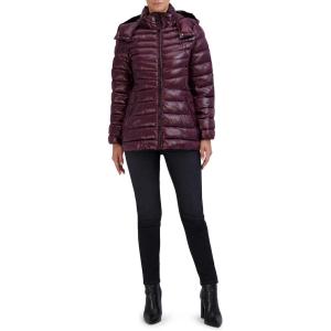 Cole Haan Women’s Pearlized Faux Down Jacket with Removable Hood(Sangria)