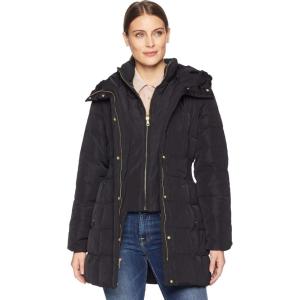 Cole Haan Women’s Taffeta Down Coat with Bib Front and Dramatic Hood(Black)