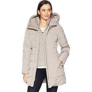 Cole Haan Women’s Taffeta Down Coat with Bib Front and Dramatic Hood(Cashew)