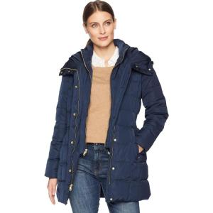 Cole Haan Women’s Taffeta Down Coat with Bib Front and Dramatic Hood(Navy)