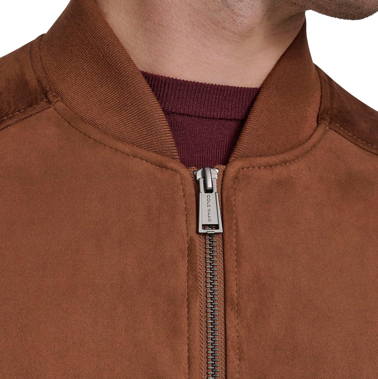 imageCole Haan mens Rib Knit Collar Fully Lined Faux Suede JacketCognac