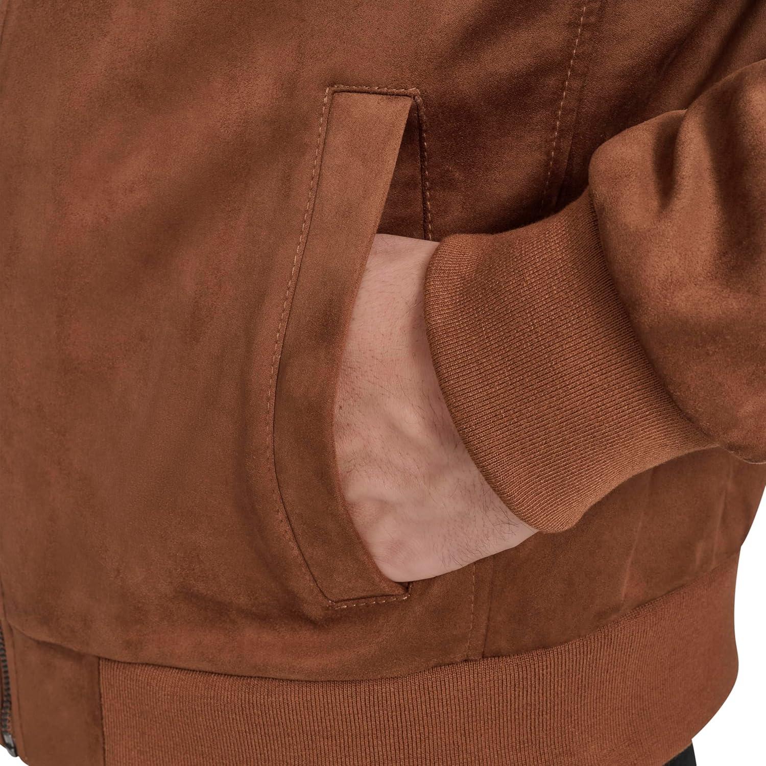 imageCole Haan mens Rib Knit Collar Fully Lined Faux Suede JacketCognac