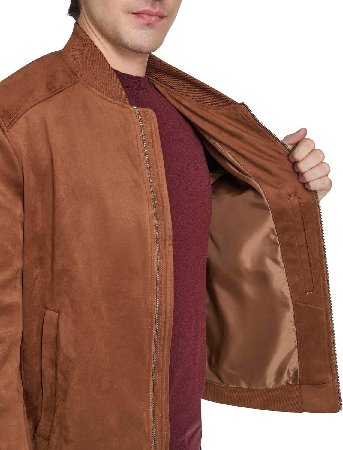 imageCole Haan mens Rib Knit Collar Fully Lined Faux Suede JacketCognac