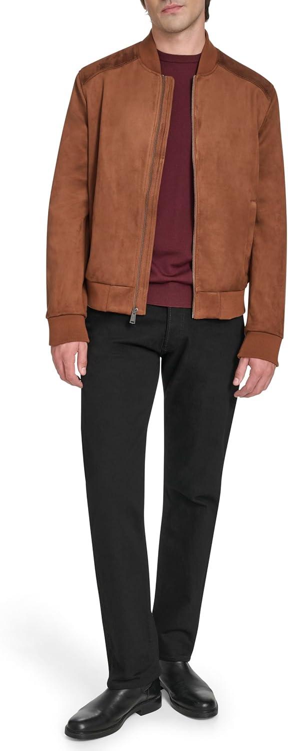 imageCole Haan mens Rib Knit Collar Fully Lined Faux Suede JacketCognac