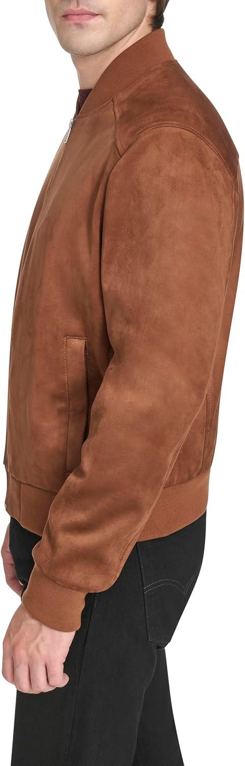 imageCole Haan mens Rib Knit Collar Fully Lined Faux Suede JacketCognac