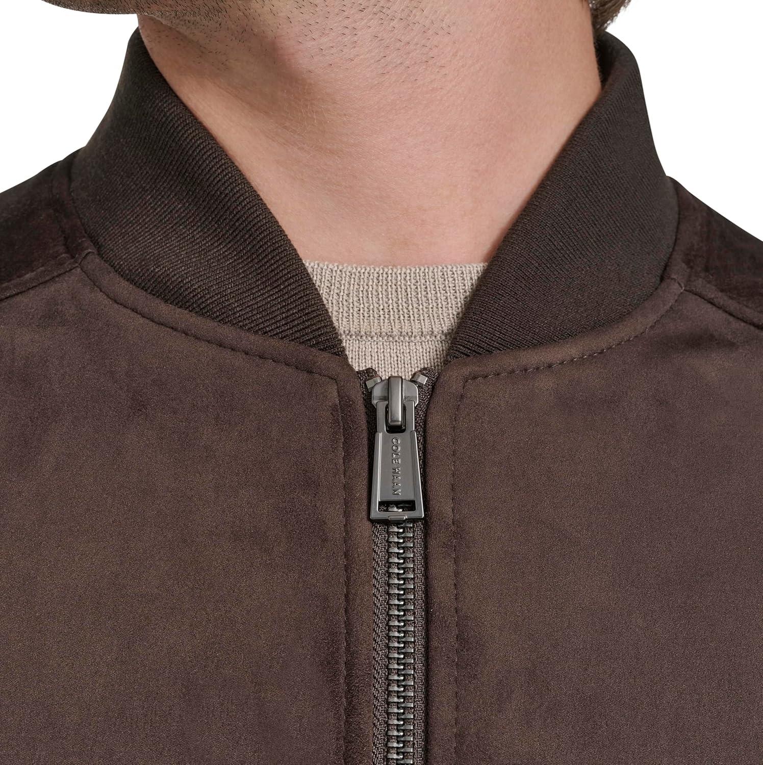 imageCole Haan mens Rib Knit Collar Fully Lined Faux Suede JacketDk Chocolate