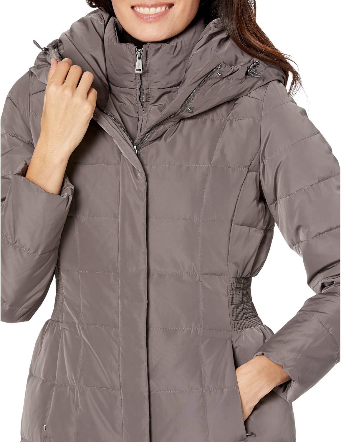 imageCole Haan womens Taffeta Down Coat With Bib Front and Dramatic HoodCarbon