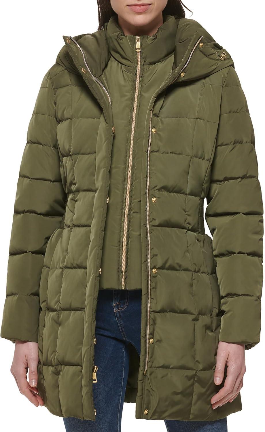 imageCole Haan womens Taffeta Down Coat With Bib Front and Dramatic HoodDusty Olive