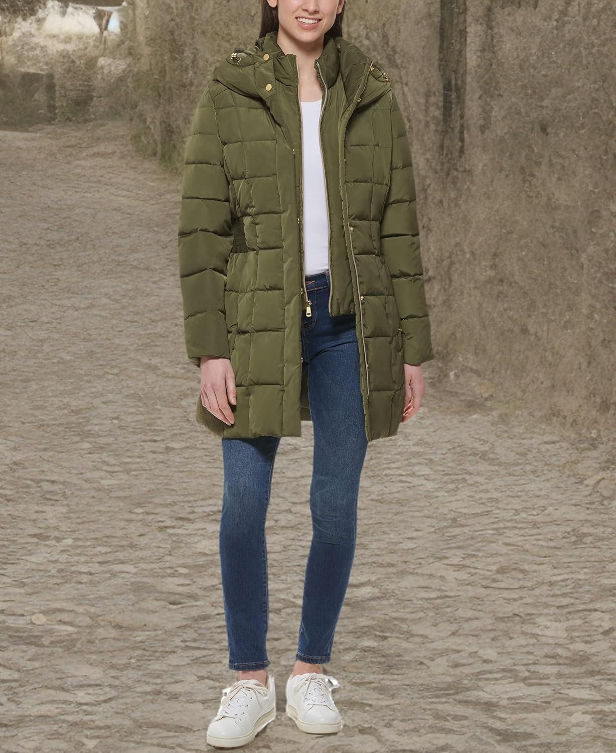 imageCole Haan womens Taffeta Down Coat With Bib Front and Dramatic HoodDusty Olive