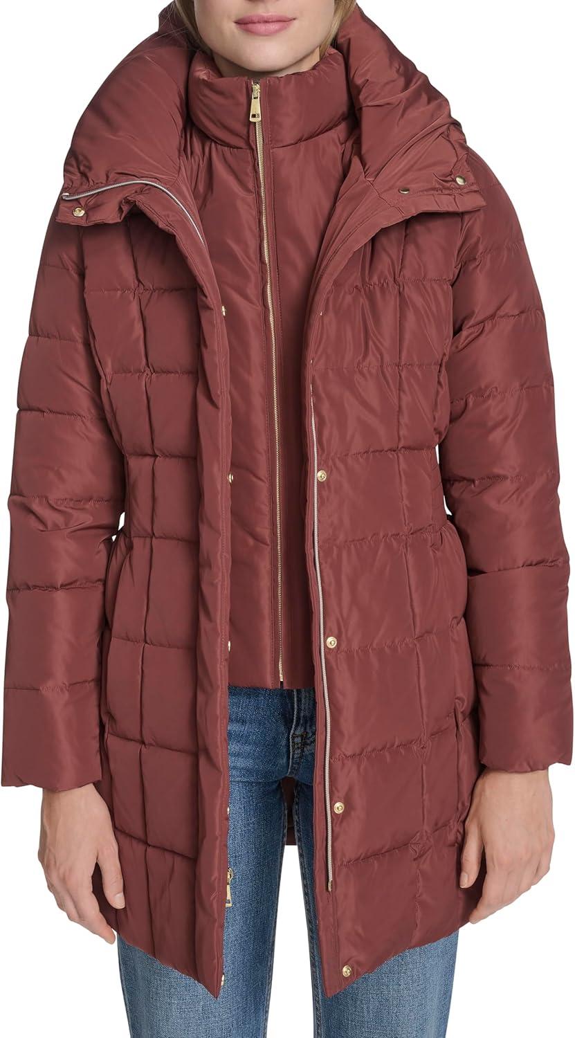imageCole Haan womens Taffeta Down Coat With Bib Front and Dramatic HoodWalnut