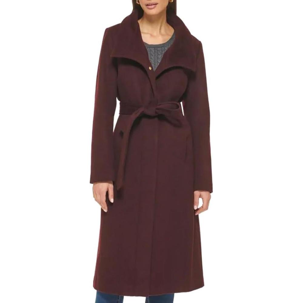 imageCole Haan Womens Long Sleeve Formal Slick Wool Zip Up CoatBordeaux