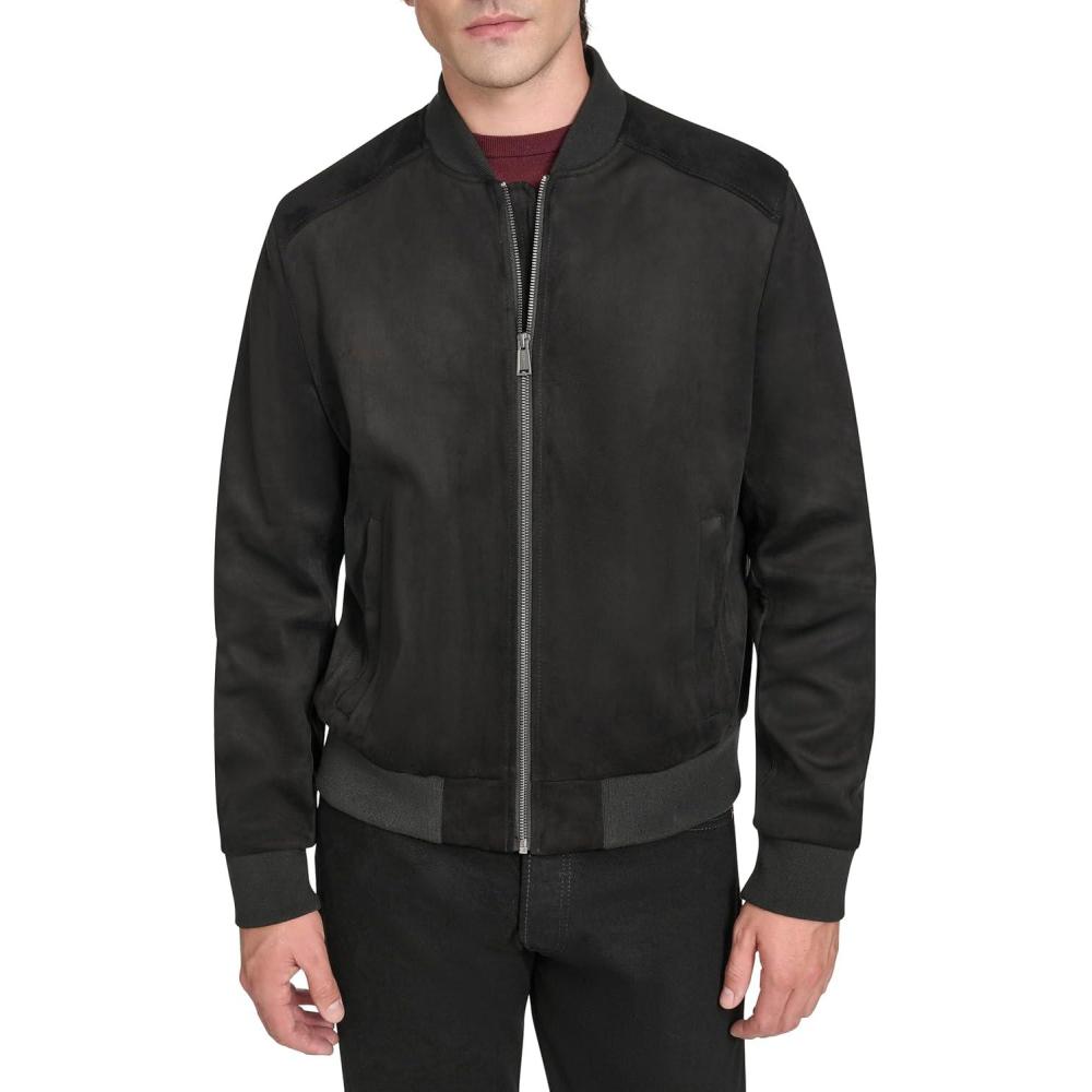 imageCole Haan mens Rib Knit Collar Fully Lined Faux Suede JacketBlack