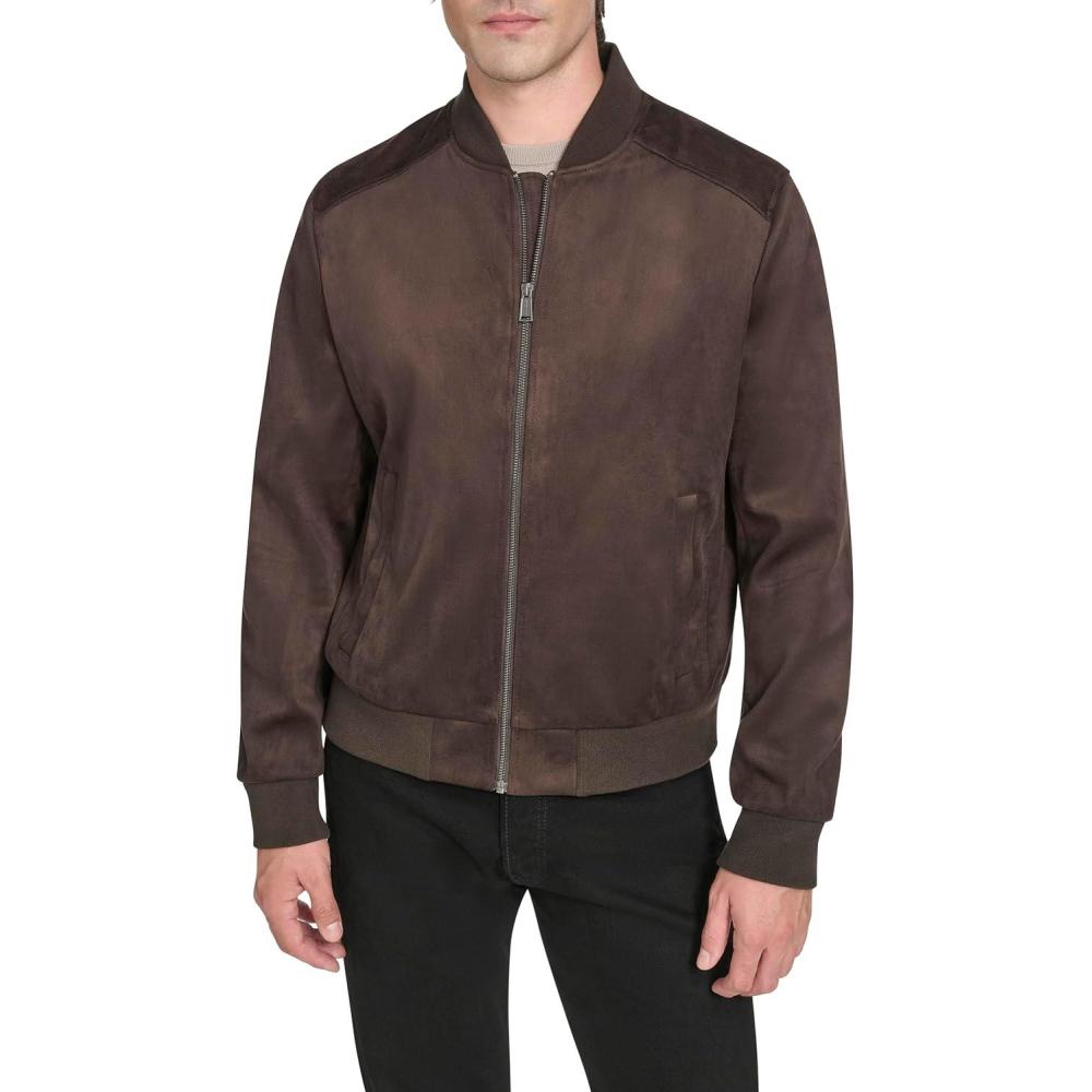 imageCole Haan mens Rib Knit Collar Fully Lined Faux Suede JacketDk Chocolate