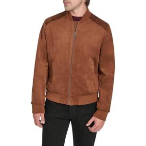 Cole Haan mens Rib Knit Collar Fully Lined Faux Suede Jacket(Cognac)
