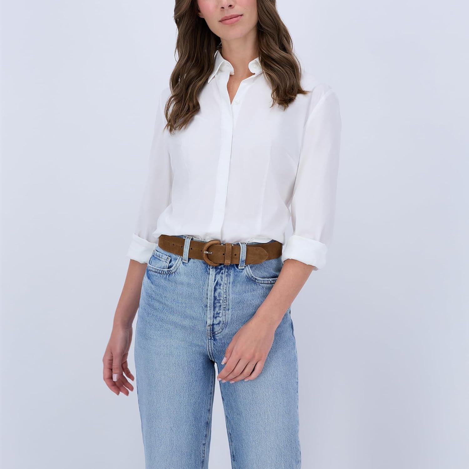 imageCole Haan Womens Leather Covered Buckle Wide Width Belt for Dresses Jeans TrousersLight Brown Suede