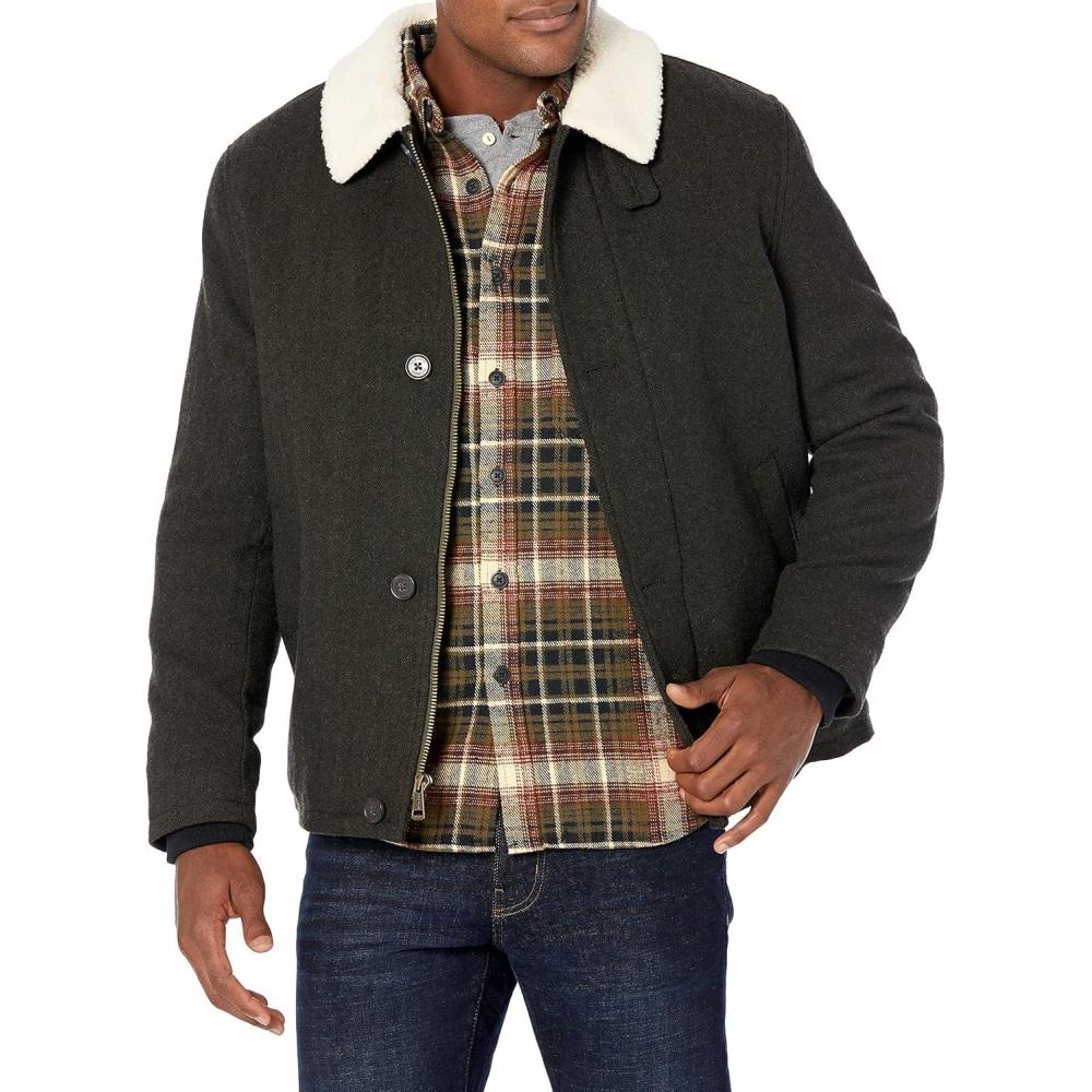imageCole Haan mens Tumbled Wool Button Front Jacket WFaux Sherpa CollarOlive