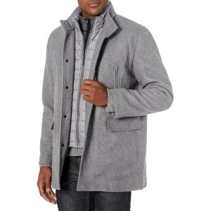 Cole Haan Men’s Wool Twill Topper Coat with Water Resistant Bib(Light Grey)