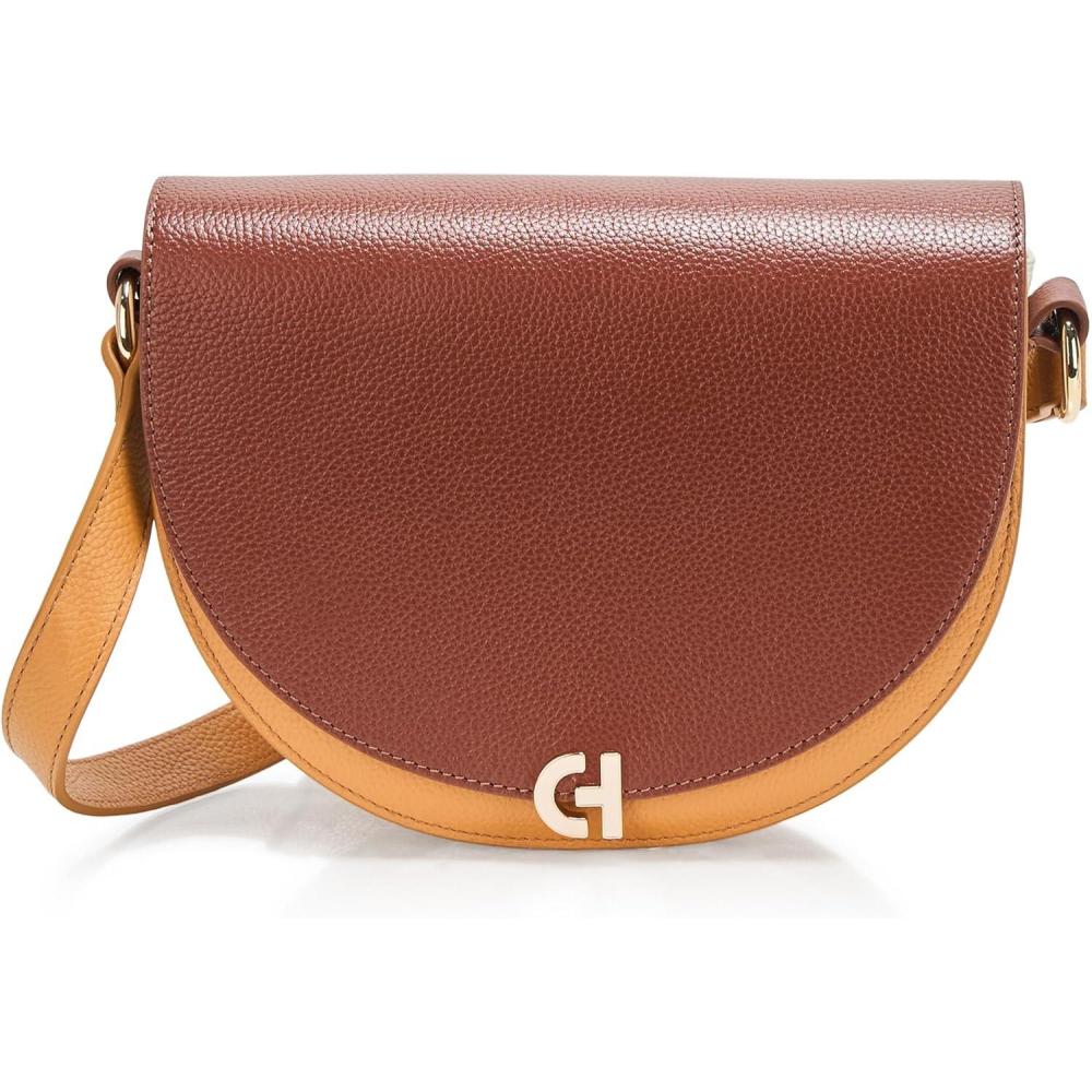 imageCole Haan Womens Evie Leather Saddle BagDark CuoioIvoryBiscuit