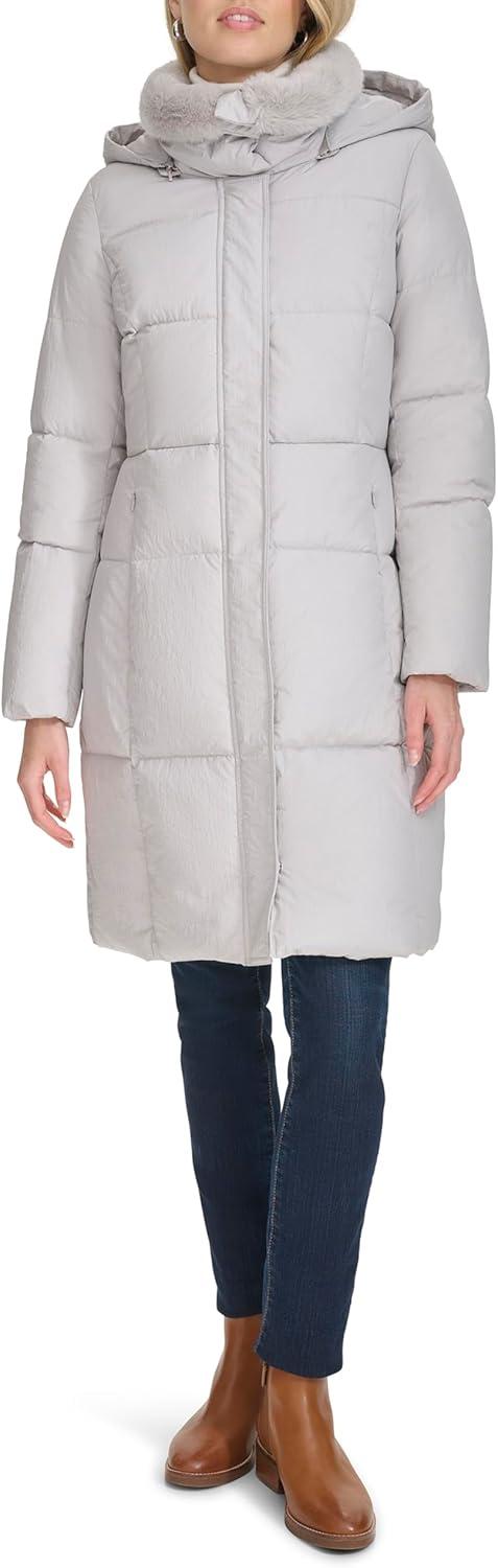 image:imageCole Haan womens Shimmer Nylon Faux Rabbit Lined Collar Quilted JacketGrey