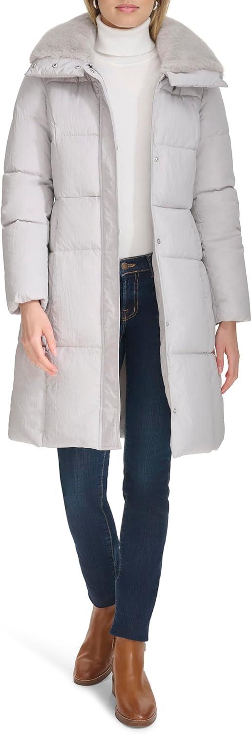 image:imageCole Haan womens Shimmer Nylon Faux Rabbit Lined Collar Quilted JacketGrey