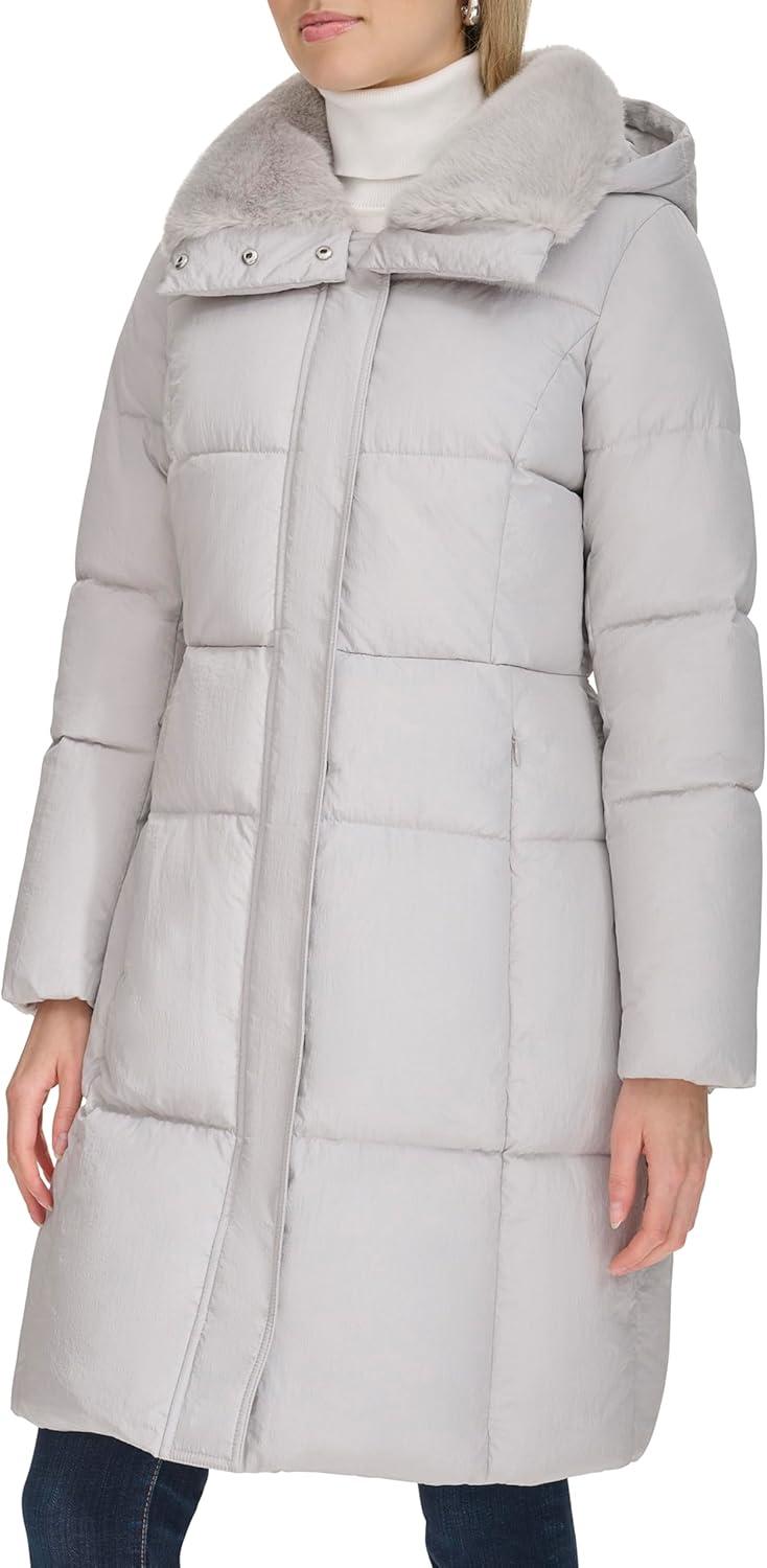 image:imageCole Haan womens Shimmer Nylon Faux Rabbit Lined Collar Quilted JacketGrey