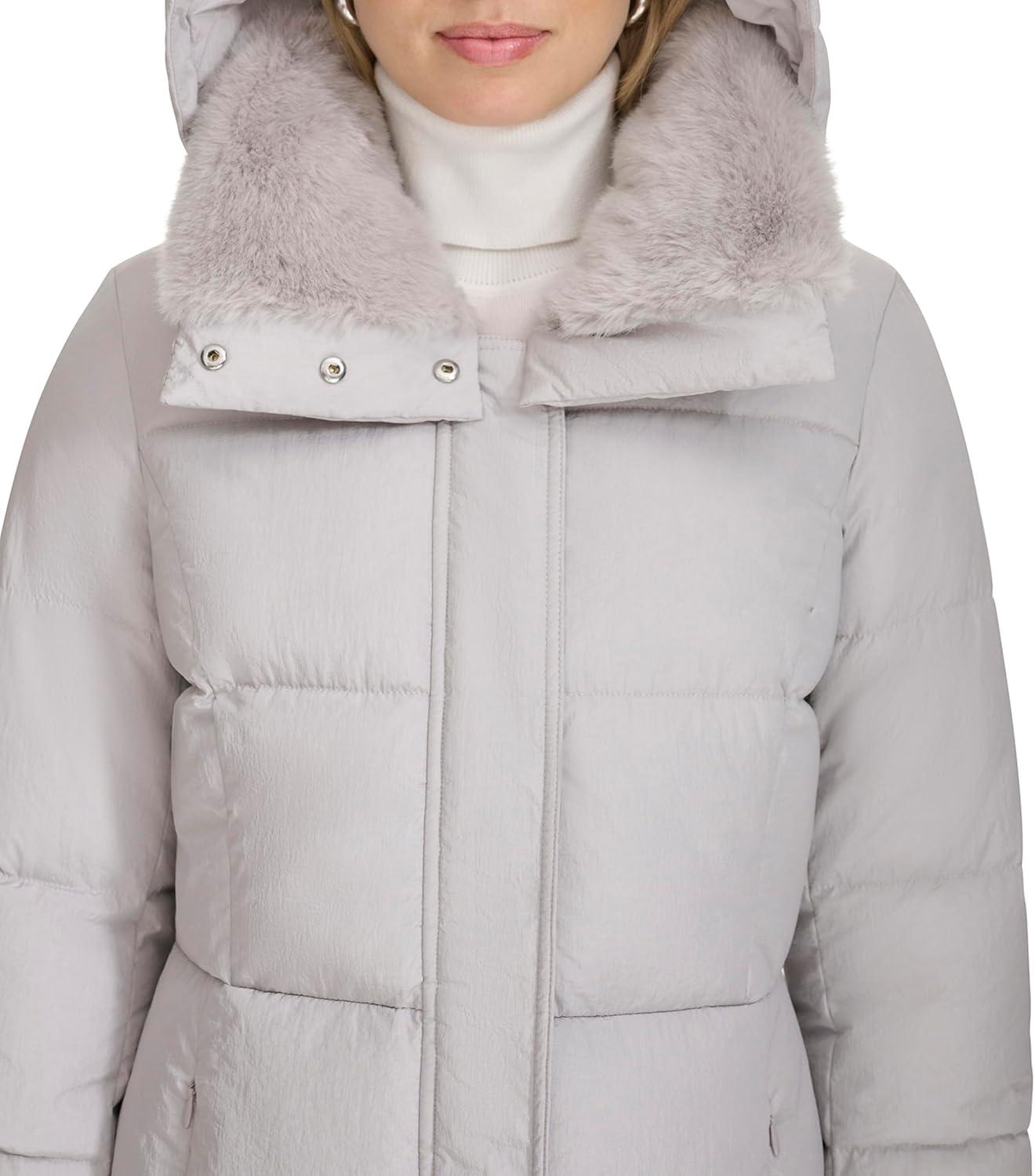 image:imageCole Haan womens Shimmer Nylon Faux Rabbit Lined Collar Quilted JacketGrey