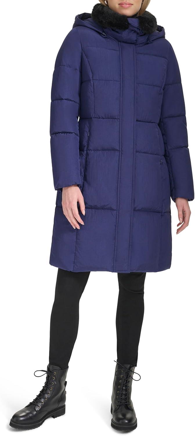 image:imageCole Haan womens Shimmer Nylon Faux Rabbit Lined Collar Quilted JacketNavy