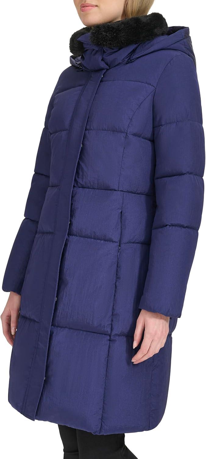 image:imageCole Haan womens Shimmer Nylon Faux Rabbit Lined Collar Quilted JacketNavy