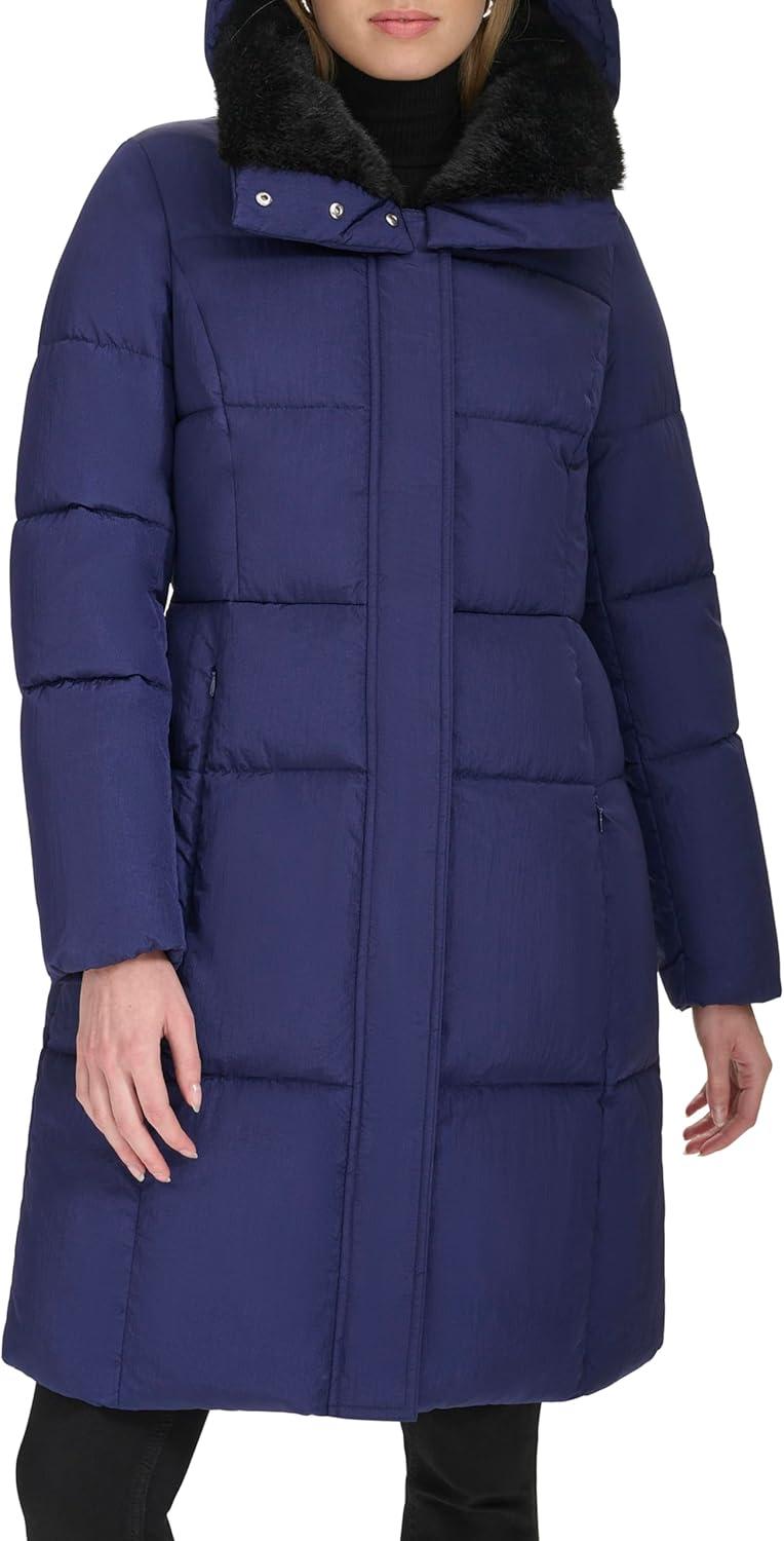 image:imageCole Haan womens Shimmer Nylon Faux Rabbit Lined Collar Quilted JacketNavy