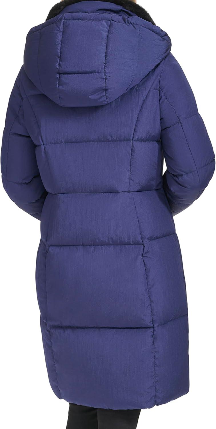 image:imageCole Haan womens Shimmer Nylon Faux Rabbit Lined Collar Quilted JacketNavy