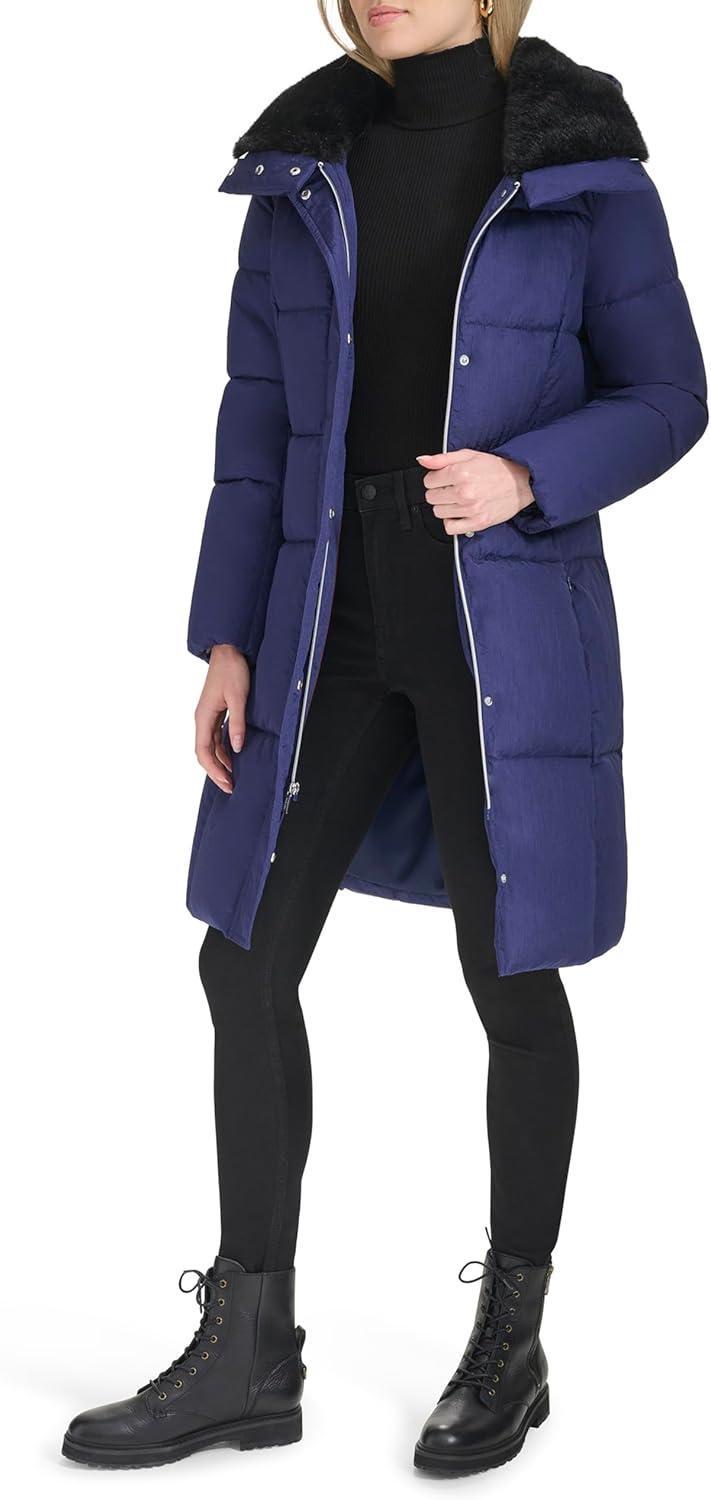 image:imageCole Haan womens Shimmer Nylon Faux Rabbit Lined Collar Quilted JacketNavy
