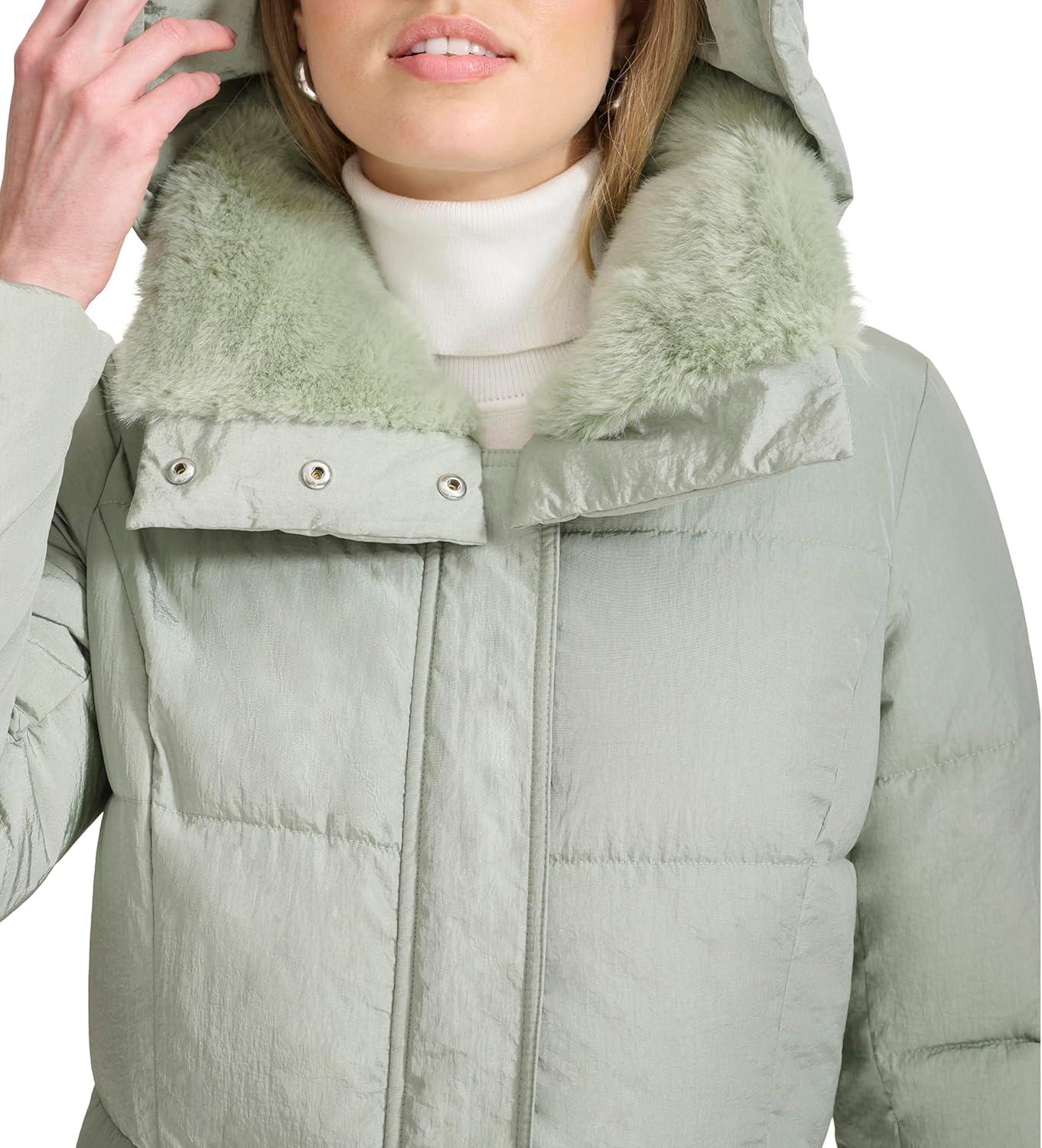 image:imageCole Haan womens Shimmer Nylon Faux Rabbit Lined Collar Quilted JacketSage