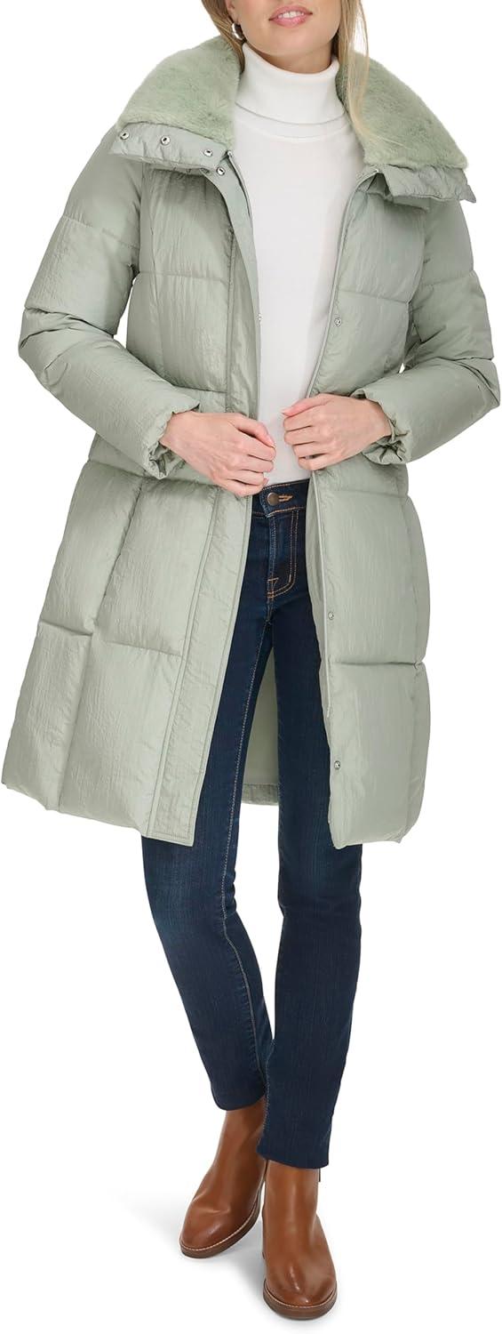 image:imageCole Haan womens Shimmer Nylon Faux Rabbit Lined Collar Quilted JacketSage