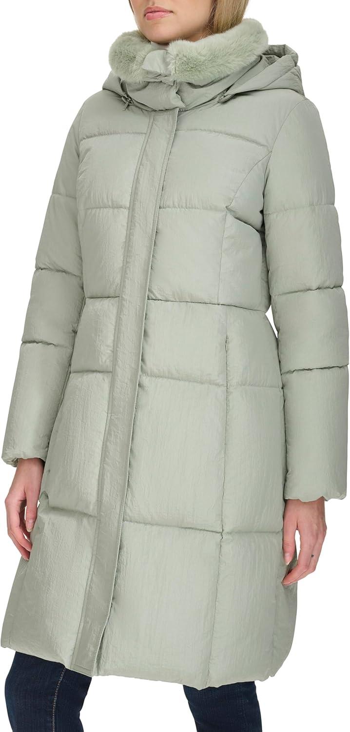 image:imageCole Haan womens Shimmer Nylon Faux Rabbit Lined Collar Quilted JacketSage