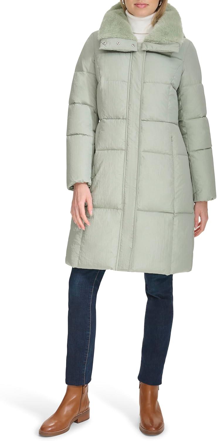 image:imageCole Haan womens Shimmer Nylon Faux Rabbit Lined Collar Quilted JacketSage