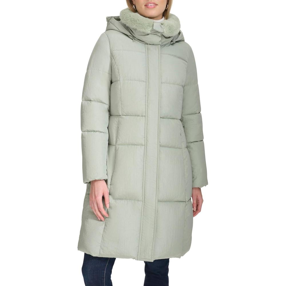 image:imageCole Haan womens Shimmer Nylon Faux Rabbit Lined Collar Quilted JacketSage