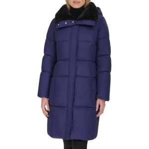 Cole Haan womens Shimmer Nylon Faux Rabbit Lined Collar Quilted Jacket(Navy)