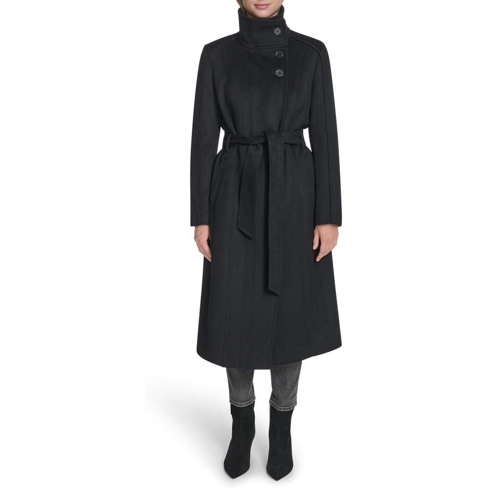 image:imageCole Haan Womens Outerwear Asymmetric Belted Trench Coat With Stand CollarBlack