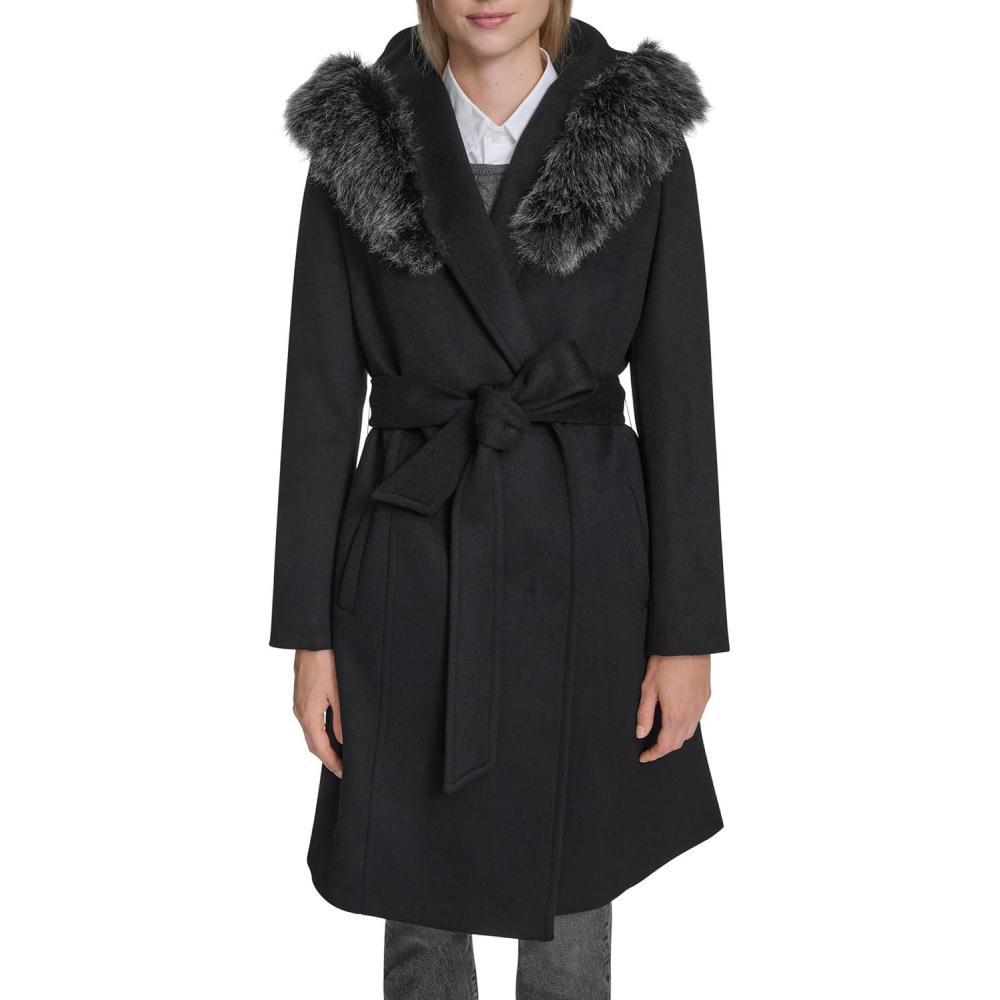 image:imageCole Haan Womens Outerwear Belted Wool Wrap Coat With Snap Closure amp Welt PocketsBlack