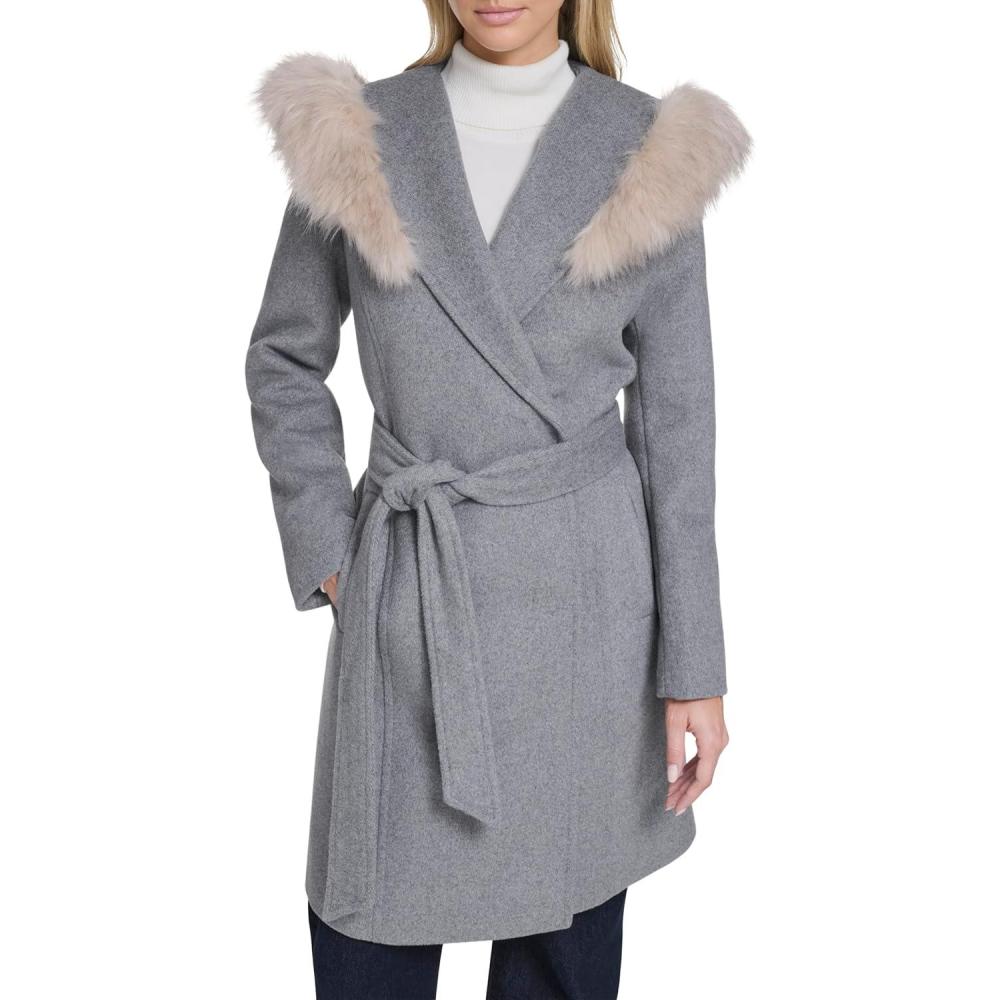 image:imageCole Haan Womens Outerwear Belted Wool Wrap Coat With Snap Closure amp Welt PocketsMedium Grey